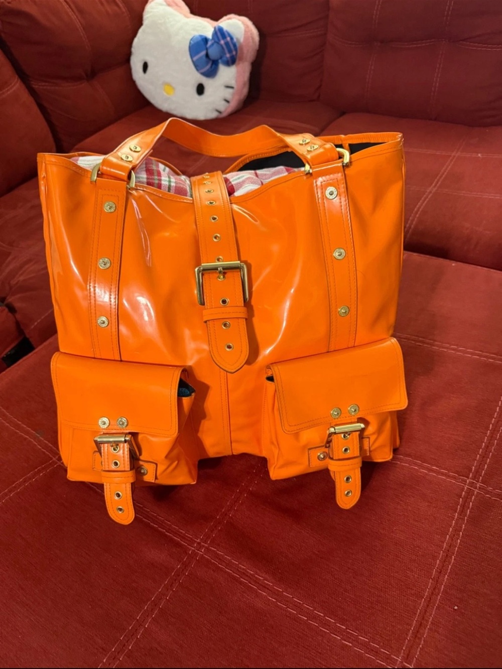 Mulberry Orange Patent Leather Tote with Front Buckle Pockets
